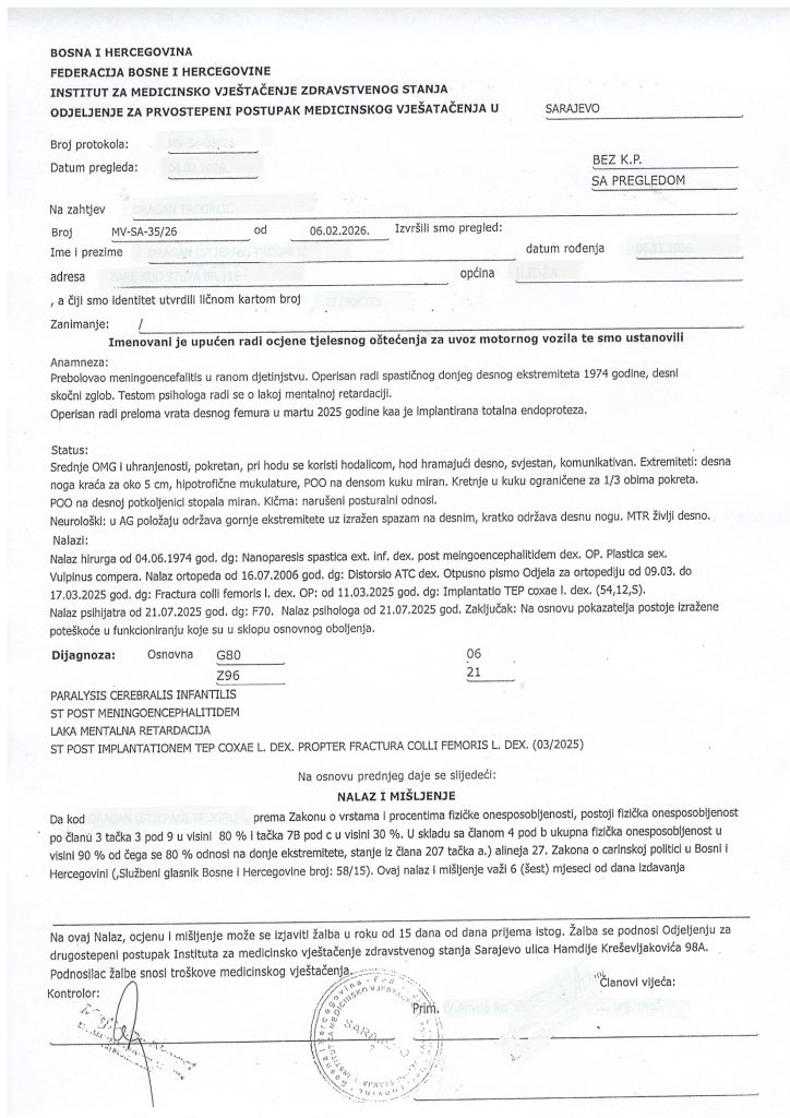Primjer nalaza i mišljenja ljekarske komisije za uvoz motornog vozila na invalidsku povlasticu, civilni invalidi .