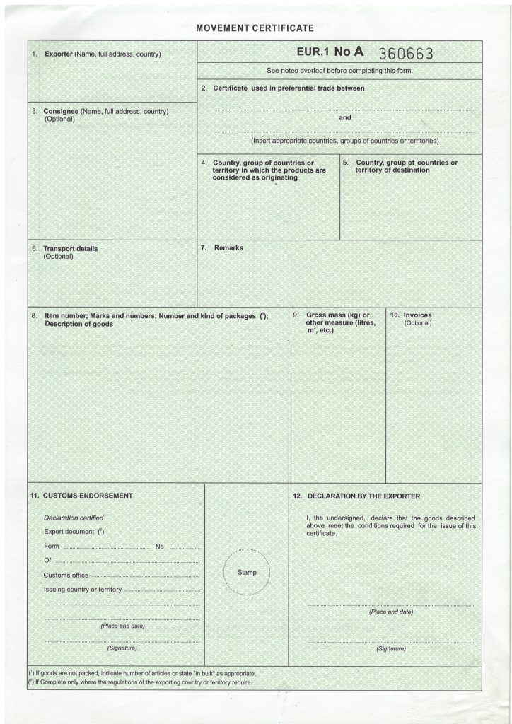 Primjer EUR.1 obrasca za uvoz automobila u BiH