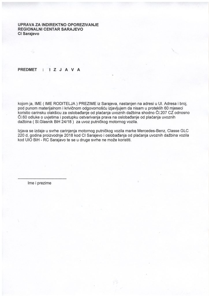 Primjer izjave uvoznika koju podnosimo nadležnom carinskom uredu uz zahtjev z aoslobađanje za civilne invalide