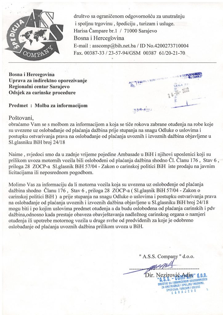 Zahtjev špedicije A.S.S. Company Sarajevo prema Upravi za indirektno oporezivanje BiH za pojašnjenje carinskih procedura